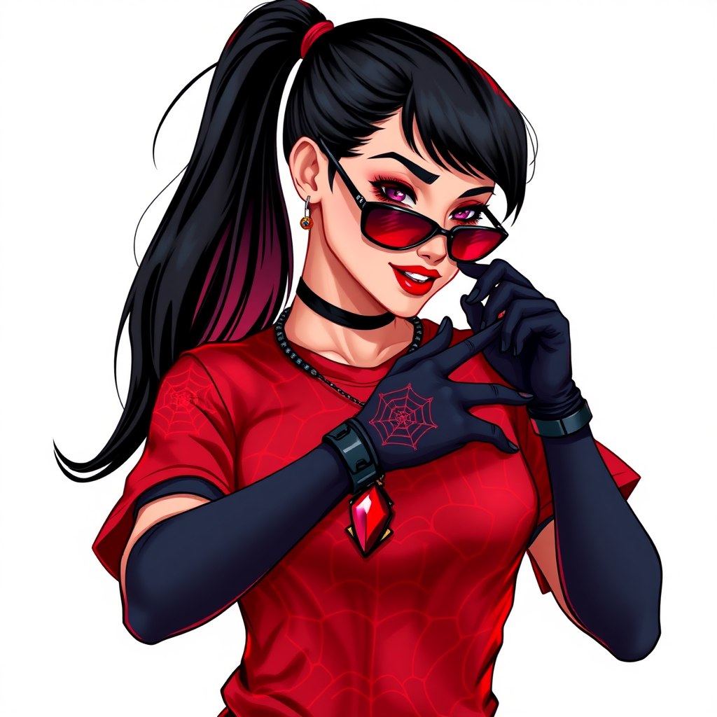 A 26-year-old mystical corporate hero hunter with a sleek black ponytail, maximum red lipstick, dressed in a maximum red t-shirt adorned with intricate neon red web patterns, equipped with black gloves, and wearing black-lensed shades and a mystical glowing red gemstone amulet featuring an intricate web design, posing flirtatiously against a solid white background. She is drawn as if she was in a retro 2D cyberpunk fighting game.