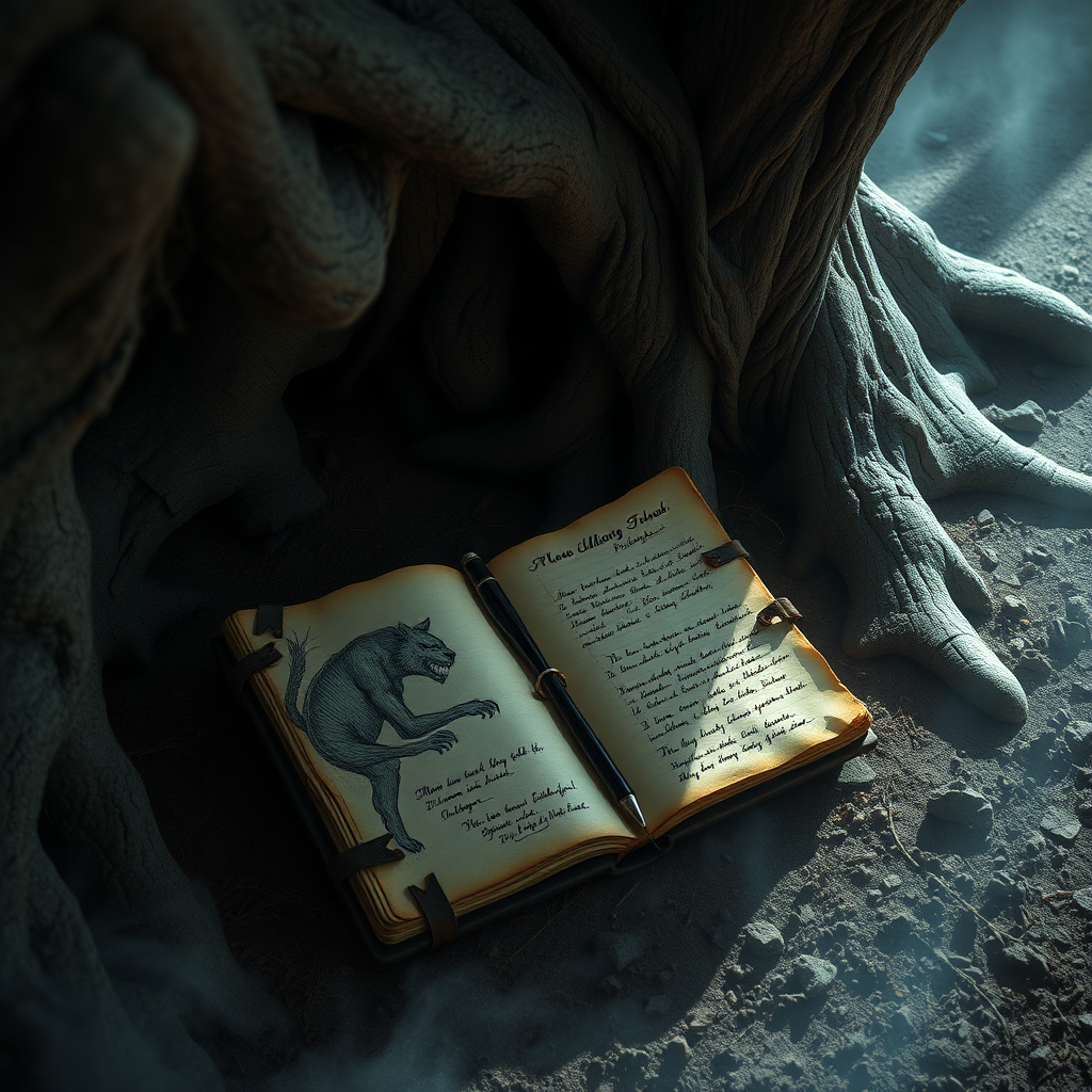 An ancient, weathered diary buried beneath a twisted oak tree, with disturbing sketches of a predator and cryptic writings. The scene is illuminated by a ghostly light, casting ominous shadows around.