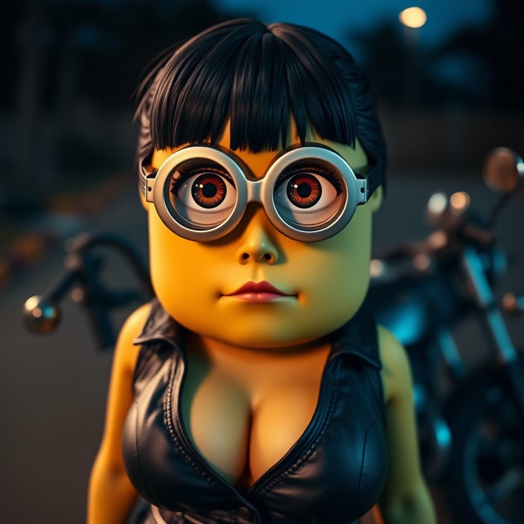 Minion, big eyes, seductive look, leather outfit with a deep neckline, large breasts, a motorcycle in the background, it’s getting dark.