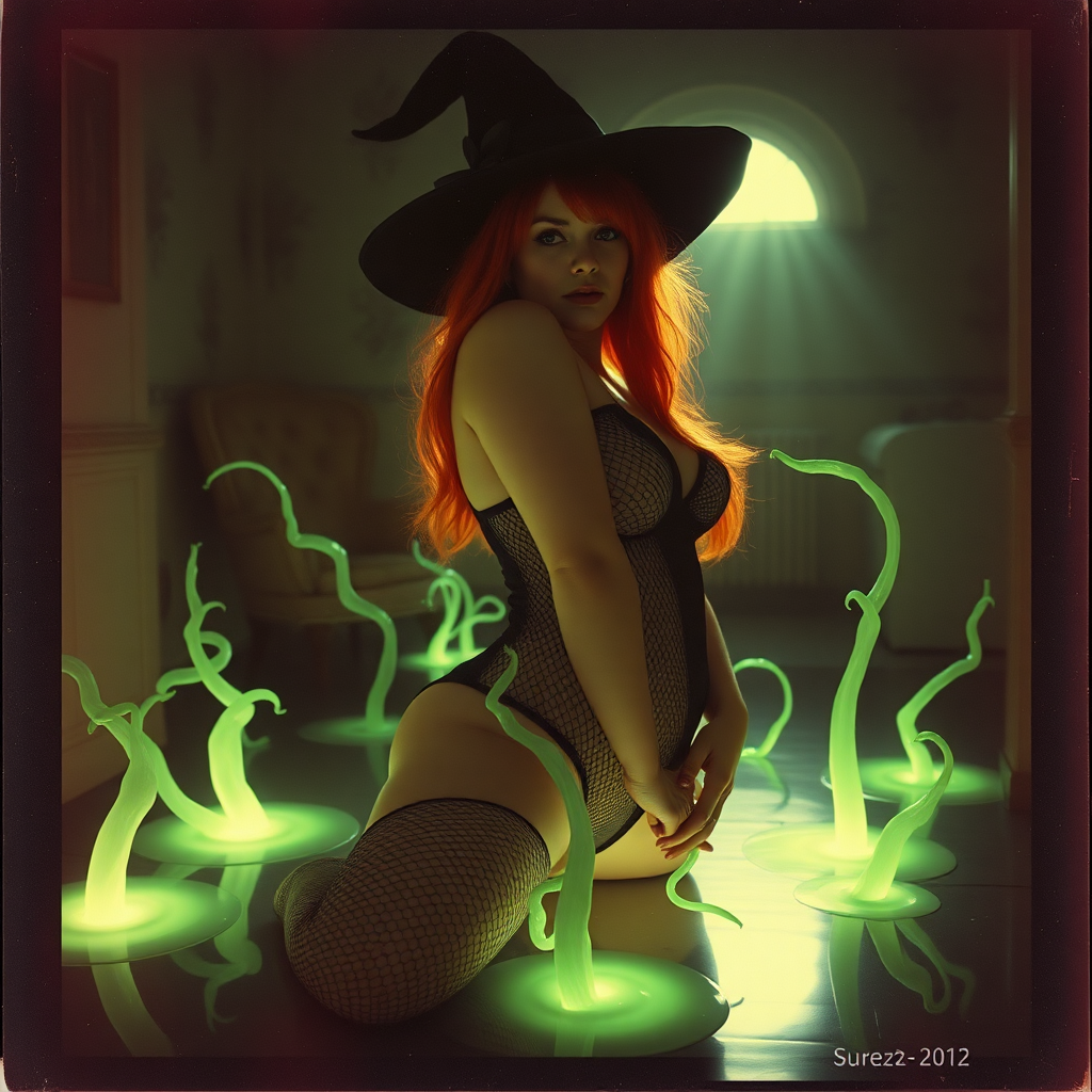 An old polaroid photo with heavy dark vignetting and a color tint to the photograph and visible light leaks. The photo depicts a sexy alt goth girl with pale skin and red hair. She has a plump booty. She has large breasts with ample cleavage and is wearing a black fishnet bodysuit. She is wearing a witch hat. She is surrounded by glowing translucent green vine coming out of magic bright glowing pools of water on the floor, wrapped around her arms and legs. She is straddling a green vine between her legs. The image looks hazy and grungy. She is in an old house with wallpaper on the walls and light coming thru the window casting god rays.