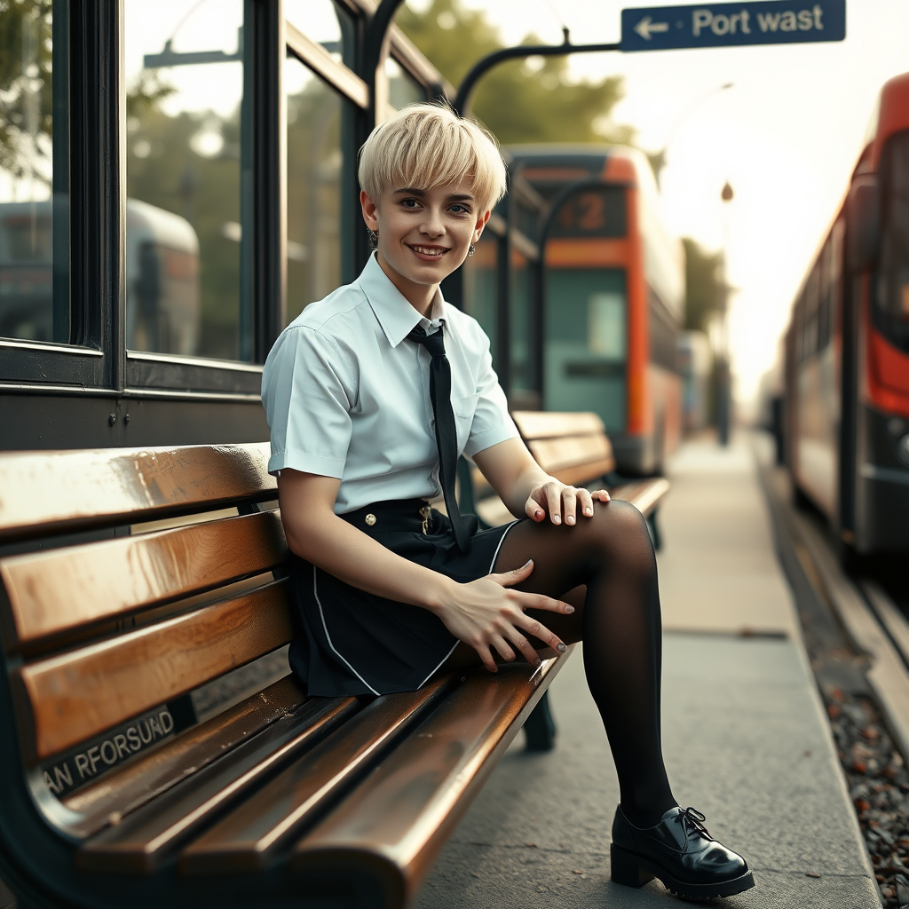 photorealistic, ultra high resolution, 16K, surreal fantasy, soft studio lighting, a pretty 18 year old goth male, slim male physique, short blonde hair, goth makeup, earrings, shiny black pantyhose, UK girls-school uniform, Mary-Jane shoes, sitting on a bench waiting for the school bus, in daylight, excited smile, facing the camera.