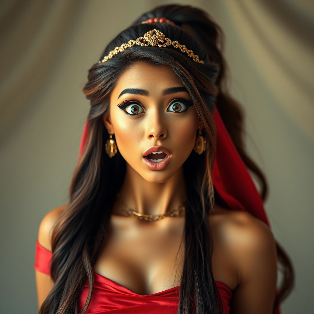 surprised Arabian girl with mouth open. She has very large eyes, black eyeshadow, black eyeliner, fake eyelashes, very tanned skin, very long hair. very high ponytail, princess jasmine, red off shoulder shinny crop top. photo realistic