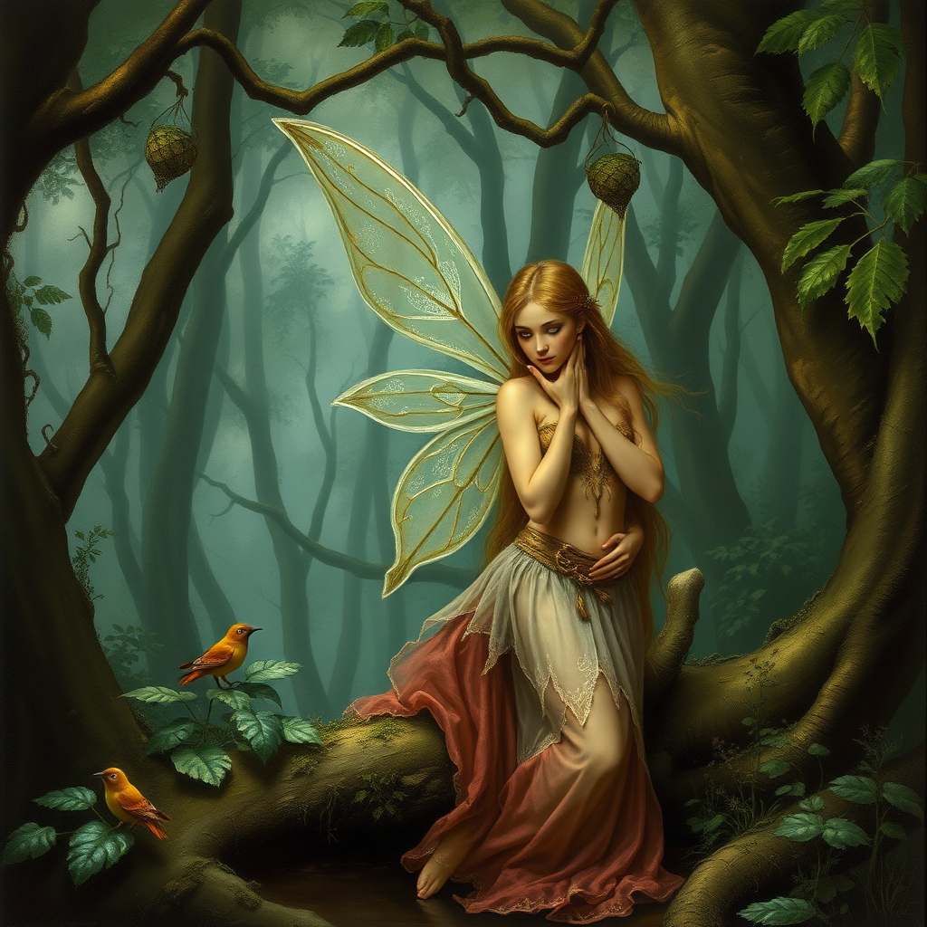 A classic forest scene with an attractive and seductive fairy. The scene is lush with the art styling of Brian Froud.