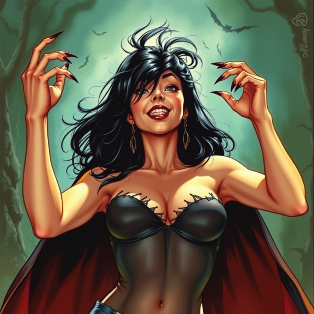 Vampirella smiling wickedly with both arms up and curved into claws. Her thin fabric bodice is torn and her hair is messy. The scene is lush with the art styling of Linda Ravenscroft.