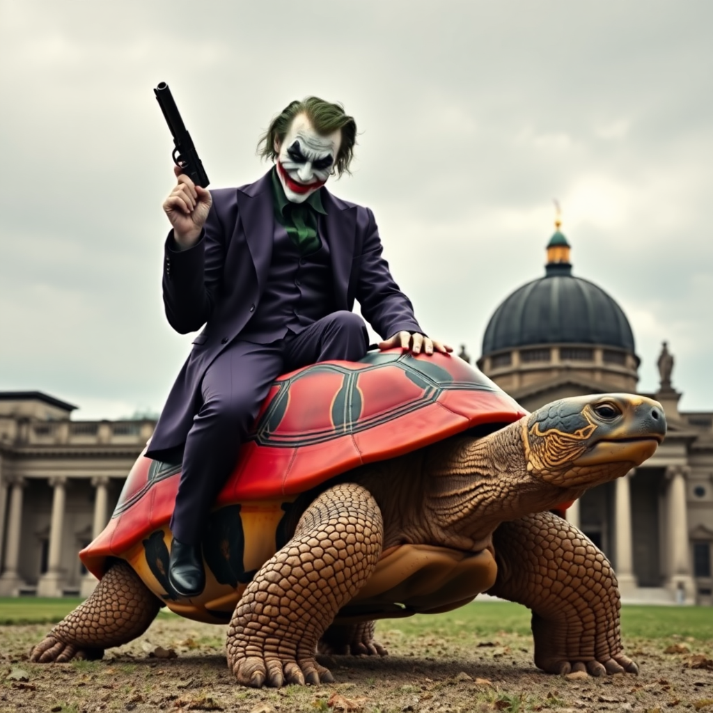 A photorealistic image of the Joker, wearing a dark purple suit with a black shirt, riding on the back of a large turtle. The Joker holds the reins of a bridle in his right hand, while in his left hand he holds a pistol. The turtle's shell is painted in the colors of the German flag (black, red, and yellow). In the background, the German Bundestag building can be seen, with its recognizable dome and grand architecture under a cloudy sky. The scene combines a surreal and whimsical mood with a hint of menace in Joker's expression.