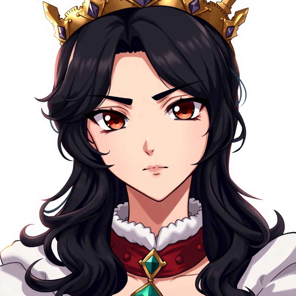 1girl, anime, highly detailed, fantasy, medieval, reluctant queen who has a scowl on her face, looking at the viewer. Her hair is wavy, black, and shoulder length. Her eyes are dark brown and have a confident and self-assured gaze to them. She is wearing a golden crown with gemstones.