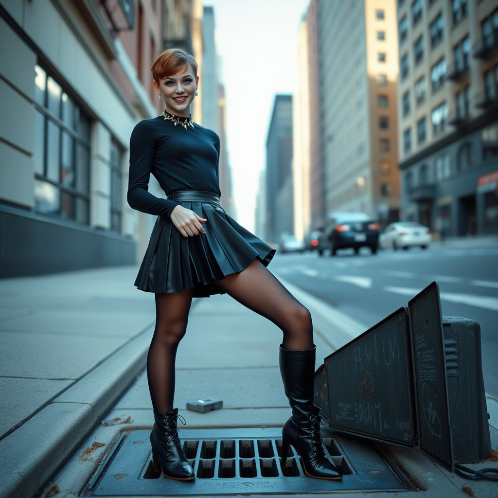 photorealistic, ultra high resolution, 16K, surreal fantasy, soft studio lighting, Tyler Swift is a pretty 18 year old goth male vampire, slim male physique, auburn hair, goth makeup, earrings, shiny black pantyhose, black pleated mini-skirt, knee high stiletto boots, spikey neck collar, standing over a ventilation grate in the sidewalk of a street in New York City, the air has blown his dress up above waist level to expose his pantyhosed bottom, in daylight, excited smile, facing the camera.