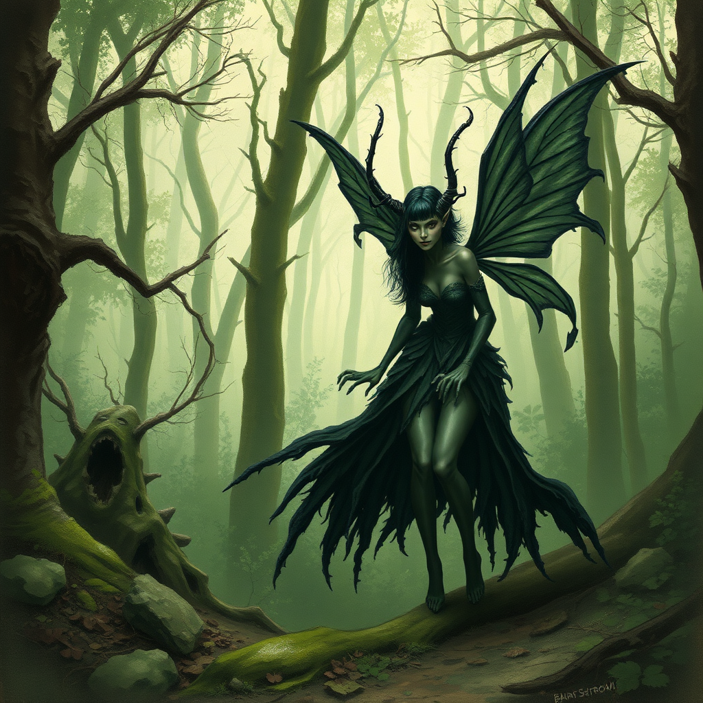 A classic forest scene with an attractive and terrifying dark fairy. The scene is lush with the art styling of Brian Stroud.