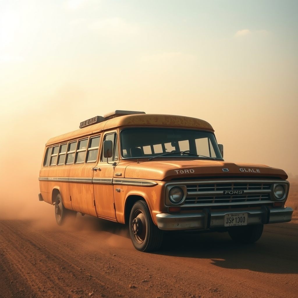 Ford Falcon Mad Max post Indian apocalyptic dust rusty zombie the bus is parked on the side of the road, inspired by Taiyō Matsumoto, tumblr, restomod, nd4, c4