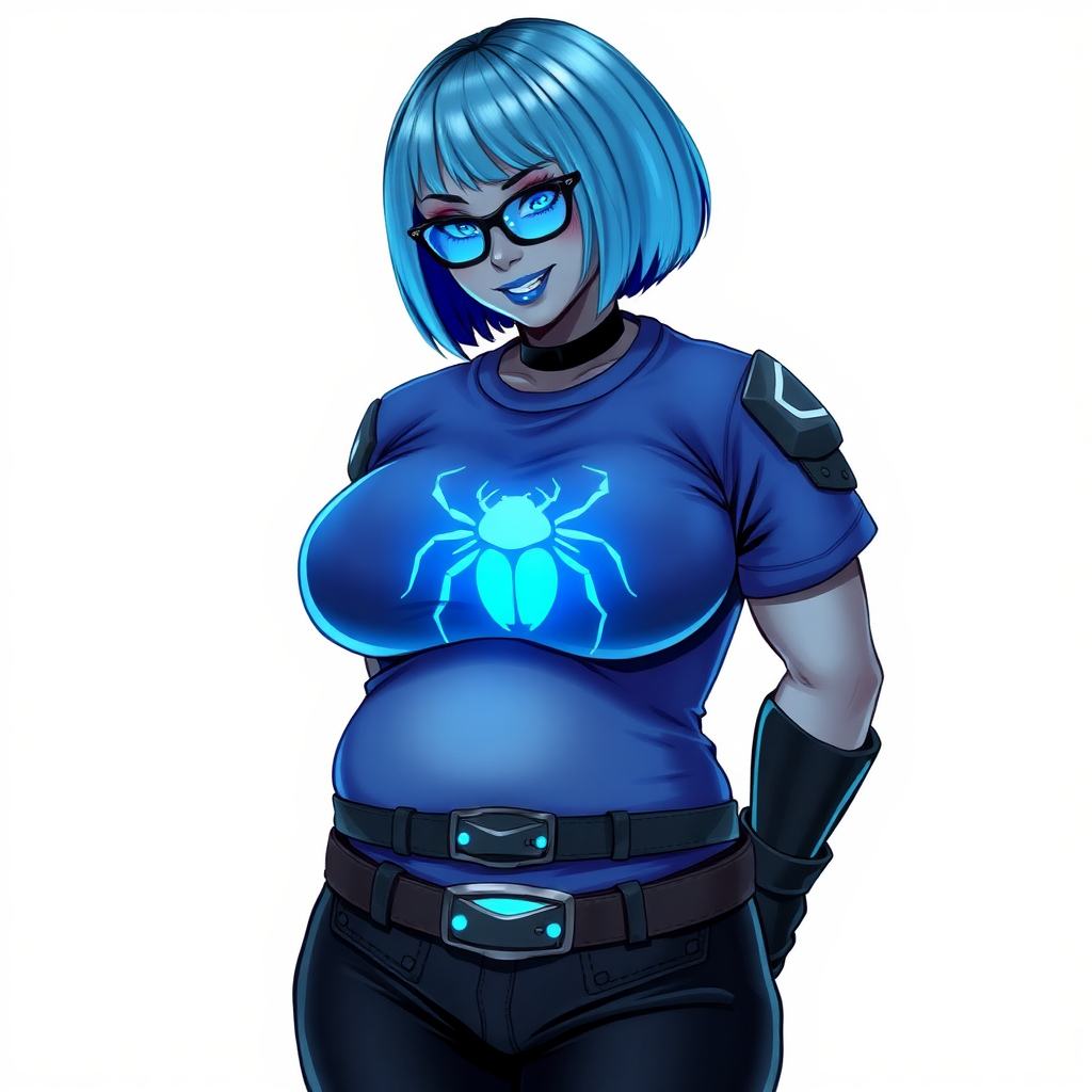 A 28-year-old, full-figured, metallic middle gray skinned cyberpunk computer program hybrid with a short maximum blue bob cut. She has a non-athletic build, highlighted by a prominent, round midsection (with a focus on her round belly). As a digital sidekick to her cyberpunk vigilante boyfriend, her middle gray metallic skin and maximum blue lipstick emphasize her digital nature. She wears a digital, computerized, costume consisting of a huge, tight-fitting, neon blue glowing, digital armored, maximum blue t-shirt (accentuating her round belly) with a neon blue glowing chest icon of a beetle, black digital pants, a black belt with a neon blue glowing digital beetle buckle, and black hi-tech gloves. Her bright blue eyes, black eyeglasses with a neon blue lensed HUD, and shy smile with neon red blush accentuate her nerdiness. She bashfully bows her head (while still facing the screen) with her hands behind her back, her t-shirt covers her midsection (especially her belly) and emphasizing her full-figured, non-athletic physique. She is on a solid white background. She is drawn as if she was in a retro 2D cyberpunk fighting game. She is clearly non-athletic, with a focus on her full figure. Make sure her costume covers all of her bare skin (especially her round belly).