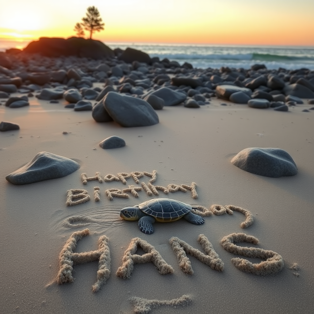 Beach with rocks, pine and bar. Sunset. Sand spelling the words " Happy Birthday Hans " Turtle in sand