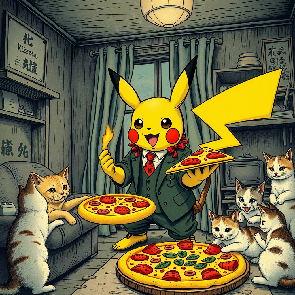 A well dressed handsome Pikachu demon delivering Hawaiian pizza to angry kittens in a decayed apartment, Chinese woodcut, Mormon, Catholic