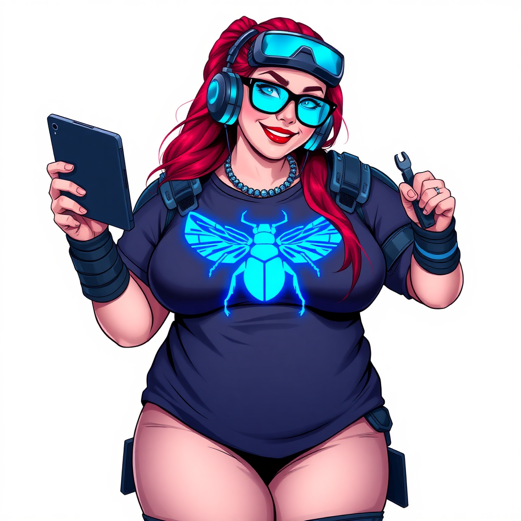 A cyberpunk vigilante’s full-figured intelligent and tech-savvy 29-year-old girlfriend, who is a computer hacker and tech genius. She has a long ruby red ponytail and bright blue eyes. She wears a sapphire beetle gemstone necklace, and an armored, oversized, Maximum Blue (RGB 71, 171, 204) t-shirt featuring a giant neon blue glowing chest icon of a winged beetle. She has a full-figured physique with a prominent, enormous, well-rounded midsection, reflecting her well-cared-for lifestyle. The midsection is heavily emphasized. She sports a sapphire headset with hi-tech Maximum Blue (RGB 71, 171, 204) lensed HUD visor, Maximum Blue (RGB 71, 171, 204) lipstick, black eyeglasses, and a beaming smile with a passionate bright red blush. Despite her figure and a lack of self-esteem, she radiates an air of beauty. She has an angular face which contributes to her radiant beauty. She serves as his tech expert from his hideout, holding a holographic tablet and a hi-tech tool wrench. The background is solid white. She is drawn as if she was in a retro 2D cyberpunk fighting game. Make sure her t-shirt covers her enormous midsection.