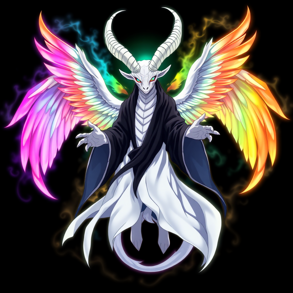 In an anime-styled artwork set against a deep black background, a towering humanoid figure reminiscent of a tall, white reptilian goat god commands attention. Its striking rainbow-colored eyes shimmer with an ethereal light, framed by two majestic white goat horns that curve elegantly from its head. Draped in flowing black and white robes that ripple like smoke, the figure exudes an air of mystique and power. Surrounding its form is a chaotic, radiant aura that shifts through the colors of the rainbow, creating a mesmerizing spectacle.

Three magnificent angelic wings, each a vibrant blend of rainbow hues, unfurl gracefully from its back, their feathers shimmering with an otherworldly glow. With hands outstretched as if inviting connection, the figure floats serenely in the void, its gaze locking onto the viewer with an intense, otherworldly presence that captivates and enchants.