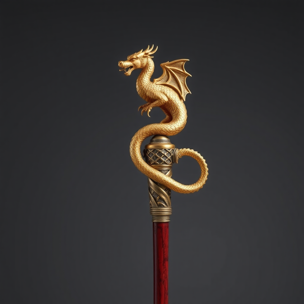 a wizard's staff with a red wood handle, a golden dragon at its top whose tail wraps along the handle. I want to see the whole object with the entire length of the handle.