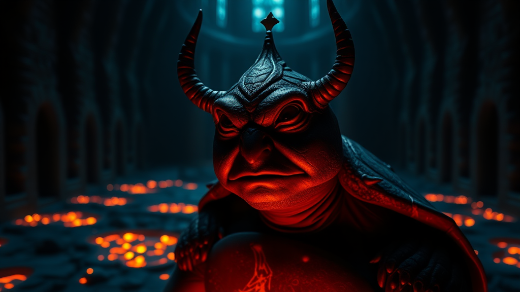 Interior. Dark castle illuminated by pools of glowing lava. Movie makeup. Man dressed as a spiky turtle with horns and a small golden crown.