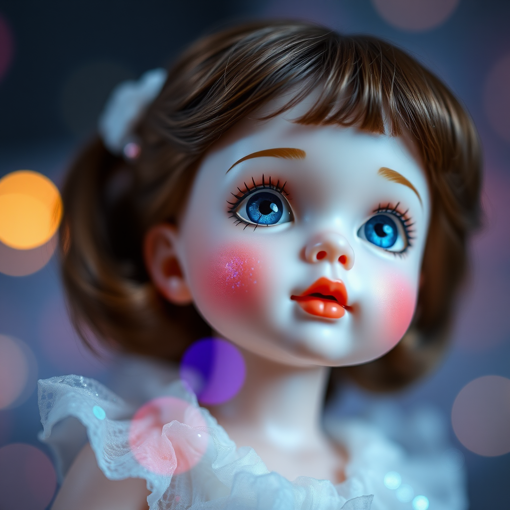 preteen artists doll, porcelain doll, looking up dreaming, Bokeh, abstract, brilliant colors, glittering, translucent, mother of pearl, opal, iridescent, natural skin, glowing, artistic photo