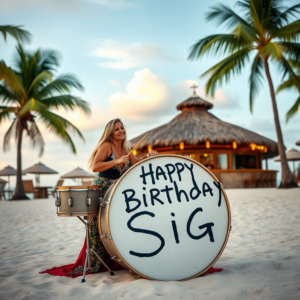 Lady sitting on drums on beach with palms and bar, big white bass drum spelling the words "Happy Birthday Sigi"