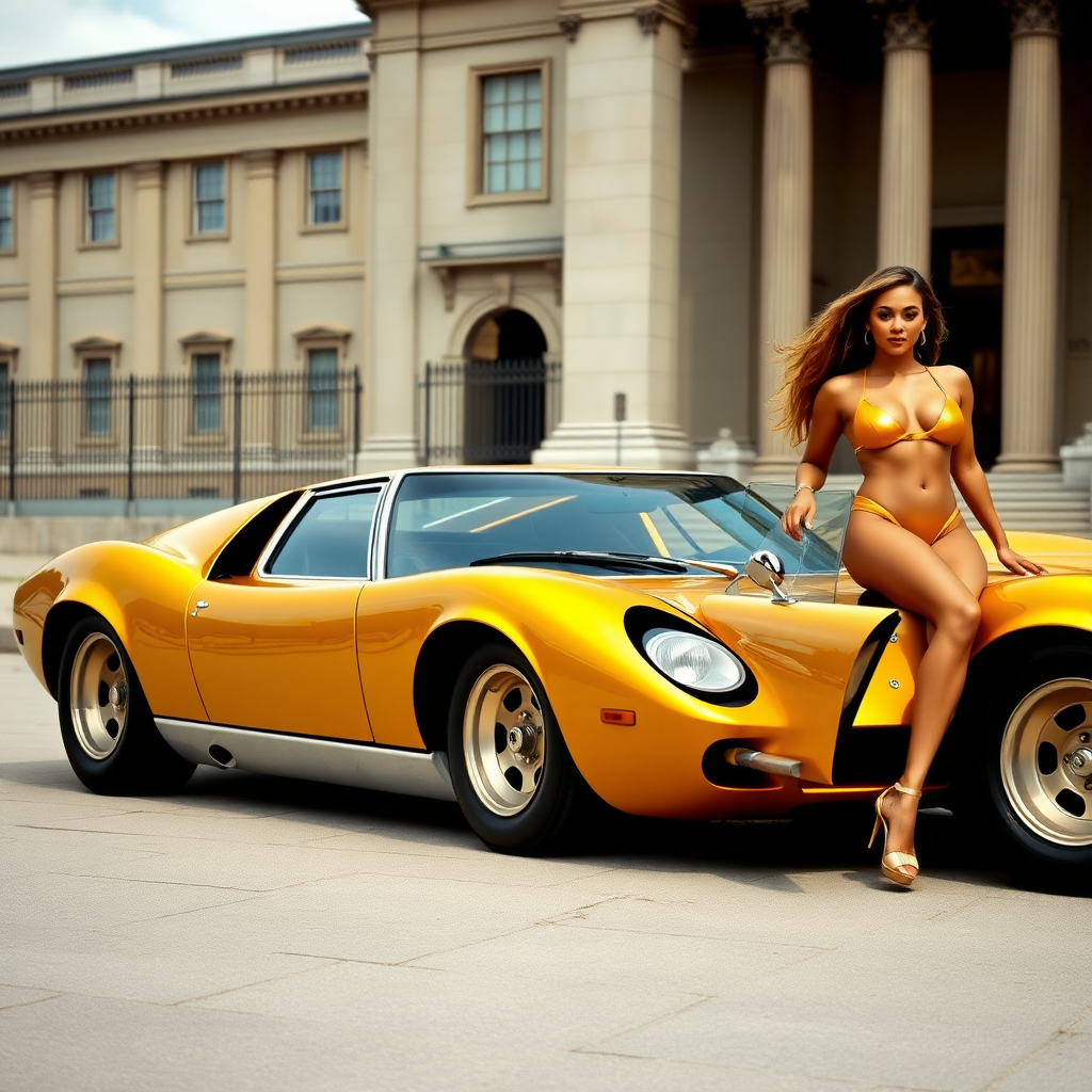 Lamborghini Miura in golden colour, parked in front of the British museum, with Beyonce in a one piece thong golden swimsuit leaning on the cars door on the right side.