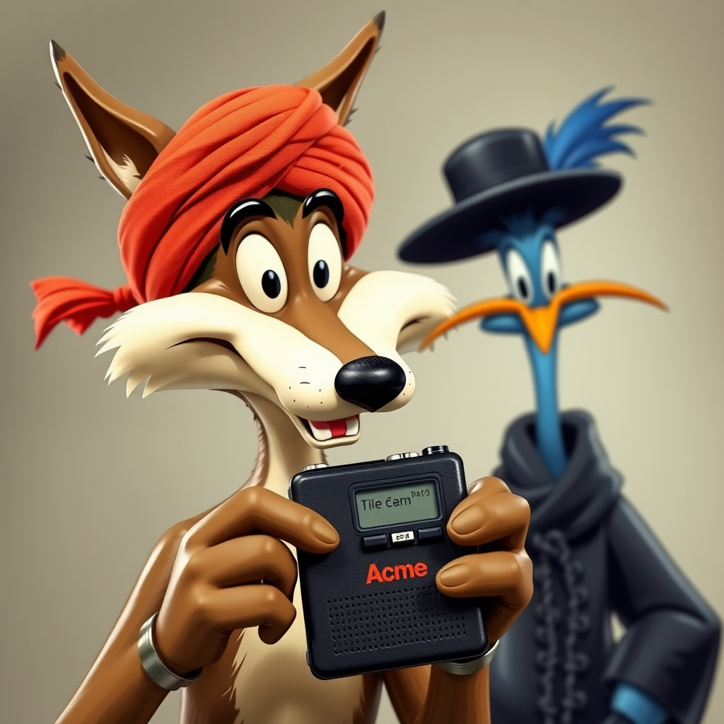 Wile E Coyote, wearing a turban, holding a black 1980's beeper that is branded Acme. Roadrunner in the background dressed in black like a hassidic jew.