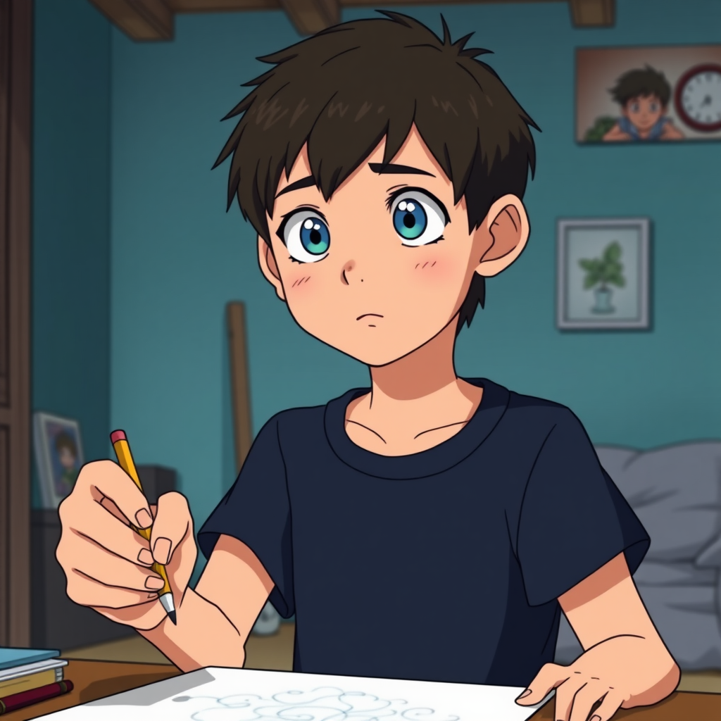 A 12 year old boy with short hair, big blue eyes and a scar in his face. He is holding a pencil in his hand and he is about to draw a drawing on his room. Anime style studio ghibli