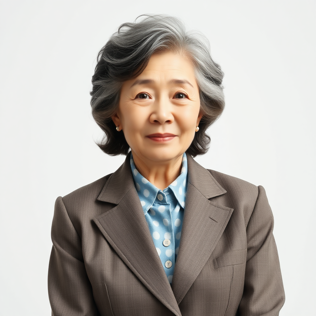 70 age old korean woman, front, woman suit, photo studio background