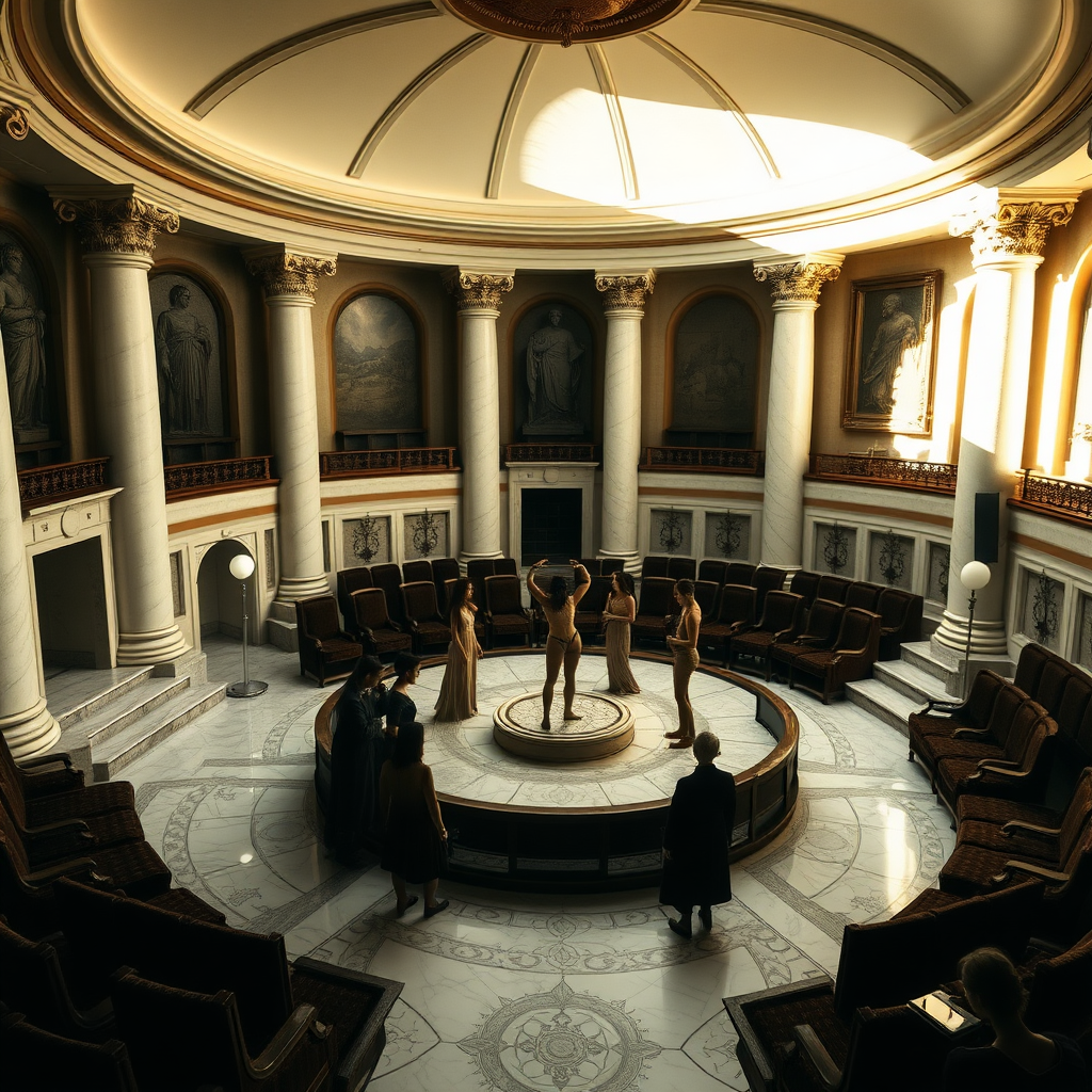 Beyond the foyer is the auction hall. Which is a cozy circular room, and has polished marble floors and white alabaster pillars supporting a vaulted ceiling. On both sides (west and east) are ascending rows of plush seating made from velvet and mahogany. With the main entrance at the south side and a small servants entrance at the north side of the room. The servants entrance is also where the slaves are brought in. In the middle of the room are 6 small platforms in a circle. Where female slaves are presenting themselves to be inspected and auctioned off.