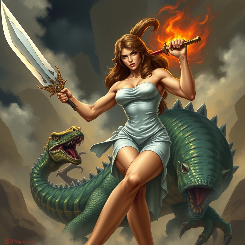 strong massive huge muscular bodybuilder girl, strapless dress, sword, fighting dinosaur