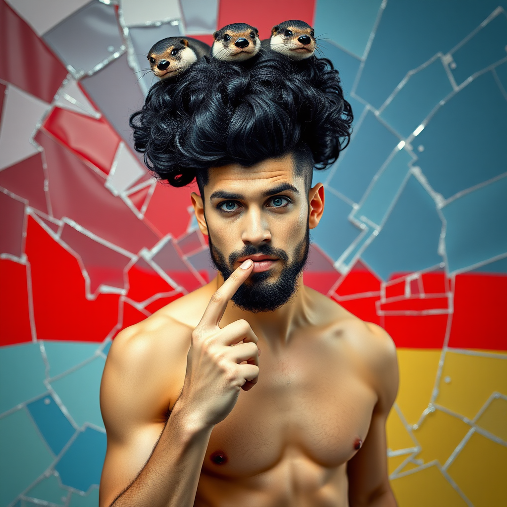 The background is a broken glass with red, blue, yellow and white. A 4K hyper-realistic photograph in the style of Mondrian, blending surrealism with kitsch. The subject is a man with an extravagant, curly black haircut, styled in a flamboyant bun, paired with a sexy, masculine look. He sports a neatly groomed, three-day beard — short, evenly distributed, with a light shadow effect across the chin, jawline, and cheeks. His makeup is dramatic, like a drag queen, adding to the boldness of his appearance. He has a muscular, athletic build. He is naked with sexy nipple covers, standing confidently; his pose is that of a pin-up woman with a finger inside his mouth. Above him, smaller otters rest playfully on his head.