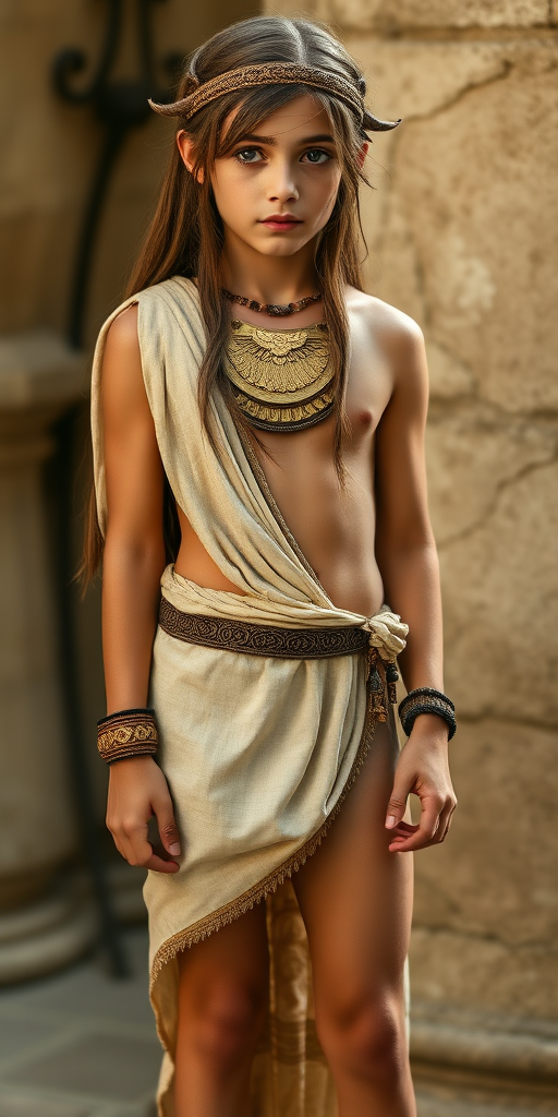 A beautiful ancient Babylonian teen boy, long hairs, long eyelashes, bridal vail, long legs, bare thighs. full length view.