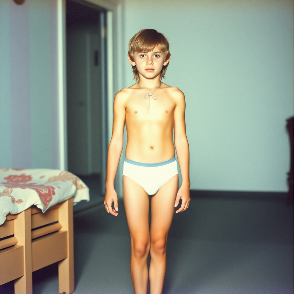 A skinny 14yo teen boy, long hairs bow cut, wearing tight narrow speedo, long legs, narrow thighs. Vintage family photo. full-length view. 1980s. photorealistic, ultra high resolution, 16K, Negative: grainy, blurry, bad anatomy, extra limbs, watermark.