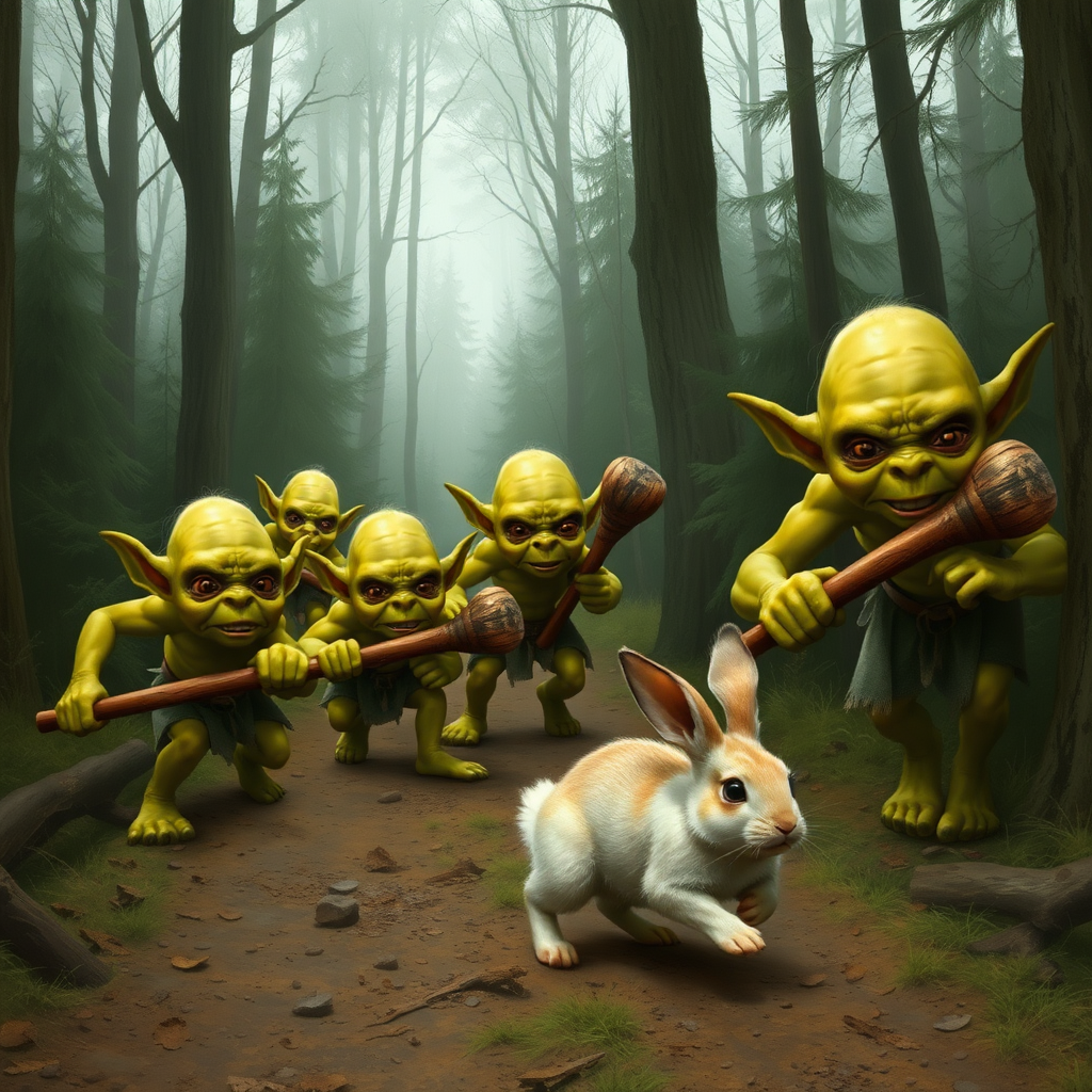 A realistic picture of several greenish yellow goblins of different sizes and looks with wooden clubs in one hand looking at and chasing after a fleeing bunny along a forest path.