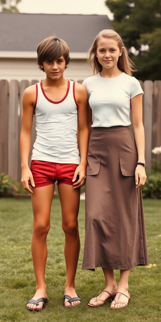 photorealistic, ultra high resolution, 16K, a tall skinny 14 yo teen boy wearing tank top, tight booty shorts, Long legs, bare thighs. With a girl wearing t-shirt, long skirt. At backyard. Full length view. Vintage family photo, 1970s.