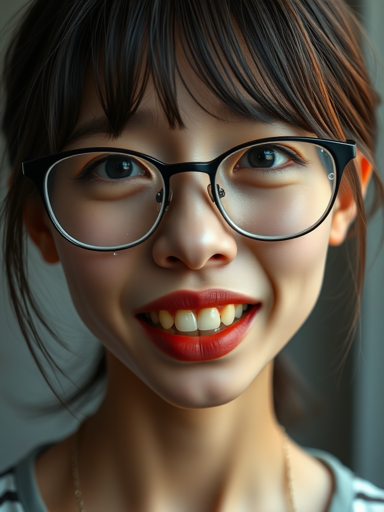 detailed, perfect proportion, high realism, real casual photo, crying japanese nerdy skinny woman with big nose, big mouth, big yellowish teeth, moles, big eyeglasses and medium hair, retarded,