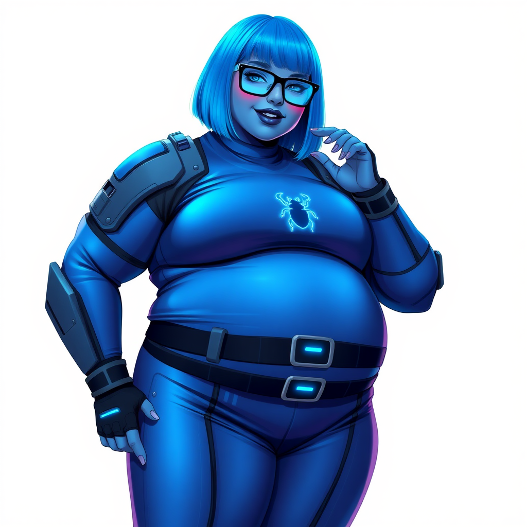 A 28-year-old, full-figured, metallic maximum blue (5PB 5/10) skinned computer program hybrid with a maximum blue bob cut. She has a non-athletic build, highlighted by a prominent, round, large midsection (with heavy emphasis on her round large belly), which shows the effects of her love of junk food acquired from her boyfriend. As the full-figured, nerdy, digital sidekick to her cyberpunk vigilante boyfriend, her metallic maximum blue skin and maximum blue lipstick (5PB 5/12) emphasize her digital nature. Her skin has a subtle, animated glow, with digital patterns occasionally flickering across it, making her digital nature obvious. She wears a digital, computerized costume, consisting of a massive, tight-fitting, maximum blue biker shirt (5PB 5/12) made out of advanced nanotech with a neon blue glowing chest icon of a beetle, hi-tech shoulder pads with neon blue accents, a black hi-tech belt with a digital neon blue glowing buckle, digital maximum blue biker pants (5PB 5/12) with neon blue accents, and black hi-tech fingerless biker gloves with neon blue glowing accents. Her neon blue glowing eyes, black eyeglasses with neon blue glowing lenses equipped with a built-in HUD, and bashful smile with neon red blush accentuate her nerdiness. She stands bashfully with one hand behind her back and the other hand gently touching her cheek, her costume covering all her skin and emphasizing her full figure (especially her round large belly). She is clearly non-athletic, with a focus on her full-figured physique. Despite her build, she radiates beauty. She has a slim face compared to her physique, accentuating her radiant beauty. She is on a solid white background. She is drawn as if she were in a retro 2D cyberpunk fighting game.