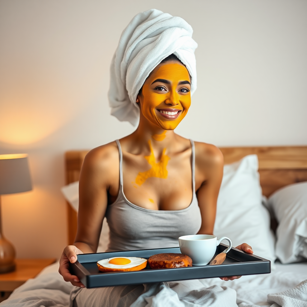 slim, 30 year old, indian wife, towel head, turmeric face mask. She is smiling and serving breakfast on a tray on bedside table