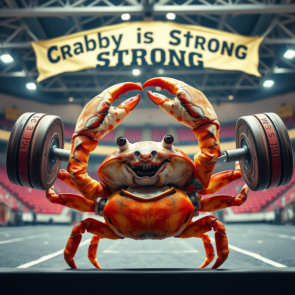 A photo realistic crab lifting weights over his head with his claws in a sport arena with a banner overhead that says "Crabby is Strong"