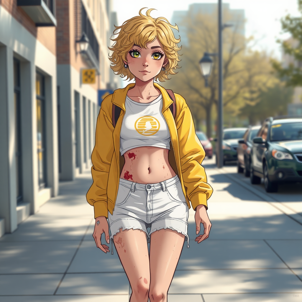 Realistic drawing style image, Extremely good quality 8k resolution drawn manga image of a 15 year old petite and short tomboy girl with golden blonde curly hair with mixed and different colored eyes for each eye and moles on her entire body and is a white American girl, Has on a Gold Jacket over a white extremely short crop top only covering her breasts and nothing more with a design on it, and has on ripped shorts and cool looking sneakers and a deep and big knife cut wound on her stomach from a huge injury she had, with a bright color backpack, ear piercings on, walking on the street to school in the morning with the beautiful sunlight lighting up her body beautifully with no tattoos.