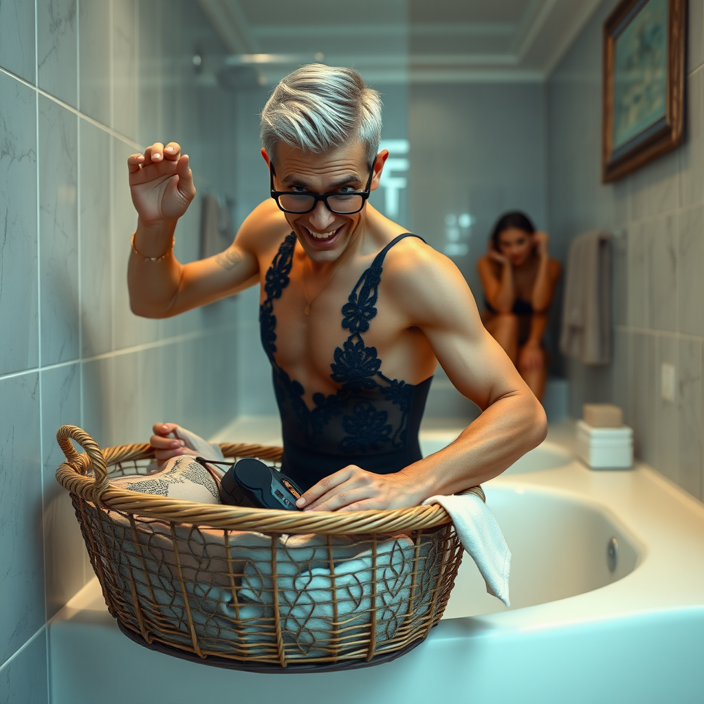 In a bathroom, an amazed European skinny boy is frantically rummaging in a basket full of lingerie. He is watched from a distance by a gorgeous 45-year-old European Latina with a sharp aquiline nose, wrinkles, high cheekbones, Middle Eastern features, skinny build, tanned skin, rounded medium-sized breasts, skinny thighs, big rounded ass, full makeup, jewelry, serious face, sharp nose, shocked expression, a smile, blushing, open mouth, and an air of horniness. She has ash-colored hair styled in a short bowl cut, slicked back, short hair, brown eyes, and glasses, with detailed features. She is wearing a navy blue sheer embroidered leotard made of detailed fabric, in a full body, landscape wide shot, in focus.