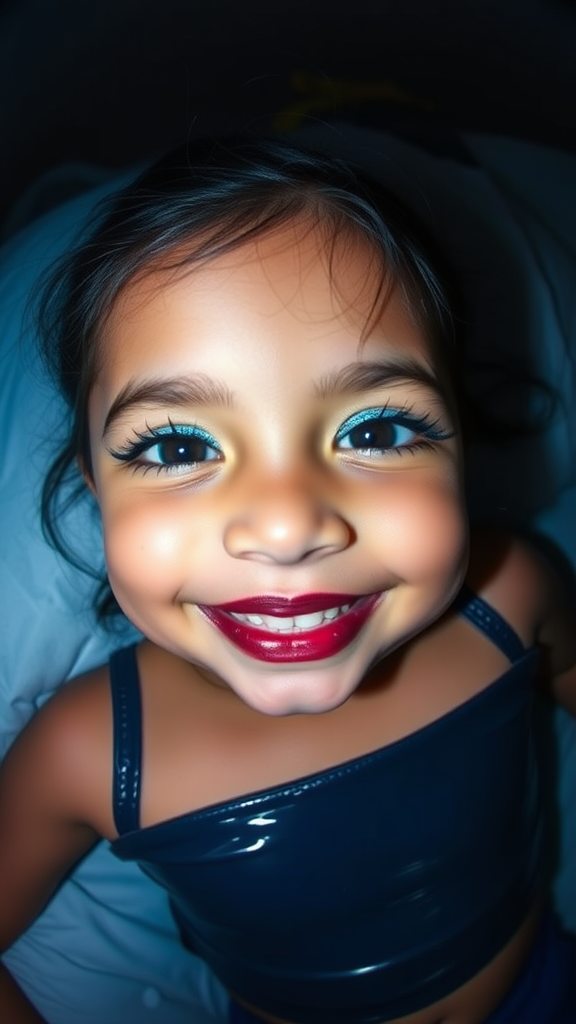 four-year-old-latina-female-child.  
She is wearing intense-blue-glitter-eyeshadow, thick-winged-eyeliner with very-dramatic-eyeliner-wings, and dark-burgundy-glossy-lipstick.  
She is wearing a tight-glossy-latex-sleeveless-crop.  
She is happy, eyes open.  
Fish-eye-lens, laying down in a dark motel room, amateur flash photography.