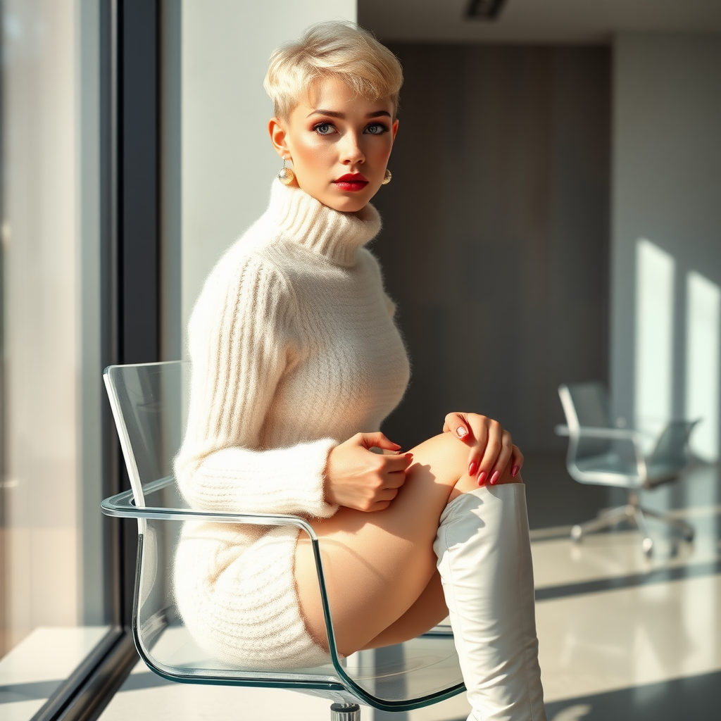 Sunny spring morning, modern glass-steel-concrete office, sitting on glass chair at wall, waiting for the master: Ana, European 17 years old very convincing femboy “trophy-bimbo”, tamed servile docile, very beautiful feminine flawless face, rather short boyish figure, platinum blond short tight curls, bold red lips, heavily made-up face, long French nails, wearing Supertanya-style chunky fluffy very fuzzy bright white plushy mohair figure-hugging turtleneck-knitdress with white pearl decoration, white vinyl thigh-high boots with golden heels, pearl earrings, serious, leaning forward presenting her assets, arrogantly looking at camera.