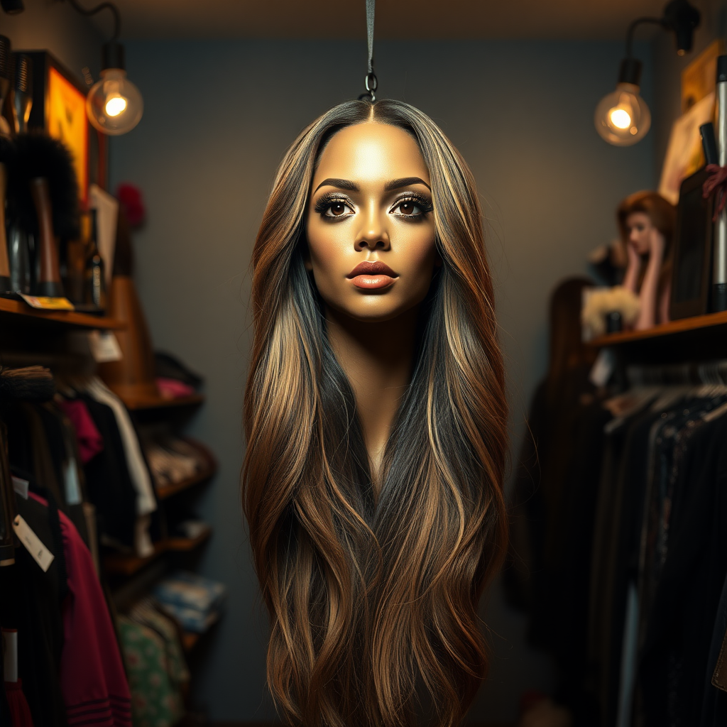 In a well lit, eccentric long hair fetish store, a strikingly unique and surreal display draws attention: the real live, flesh-and-blood disembodied head of a stunning woman reminiscent of Beyoncé, her long, flowing hair cascading like a silky waterfall around her neck. The luxurious strands shimmer with intricate highlights, ranging from deep ebony to sun-kissed gold, accentuating her perfectly sculpted features. Her captivating, dark eyes glisten with an enigmatic allure, expressing an uncanny mix of grace and mischief. 

The background is a plain, muted gray, contrasting sharply with the vibrant beauty of the head and her extravagant hair, allowing viewers to fully focus on the astonishing sight. Subtle whispers float through the air, blending with the soft rustle of hair as it sways gently, creating a sense of uncanny vitality. The atmosphere is thick with a mixture of curiosity and fascination, as shoppers, drawn in by the bizarre display, exchange incredulous glances and hushed conversations, their excitement palpable. 

The shop’s interior is cluttered yet inviting, filled with an array of hair-related items: brushes, wigs, and accessories, each designed to celebrate the beauty and allure of long hair. Dim, ambient lighting adds to the mystique, casting playful shadows that dance around the room, enhancing the surreal quality of the disembodied head on display. It's an experience that blurs the lines between reality and fantasy, tugging at the viewer’s imagination and evoking a sense of wonder.