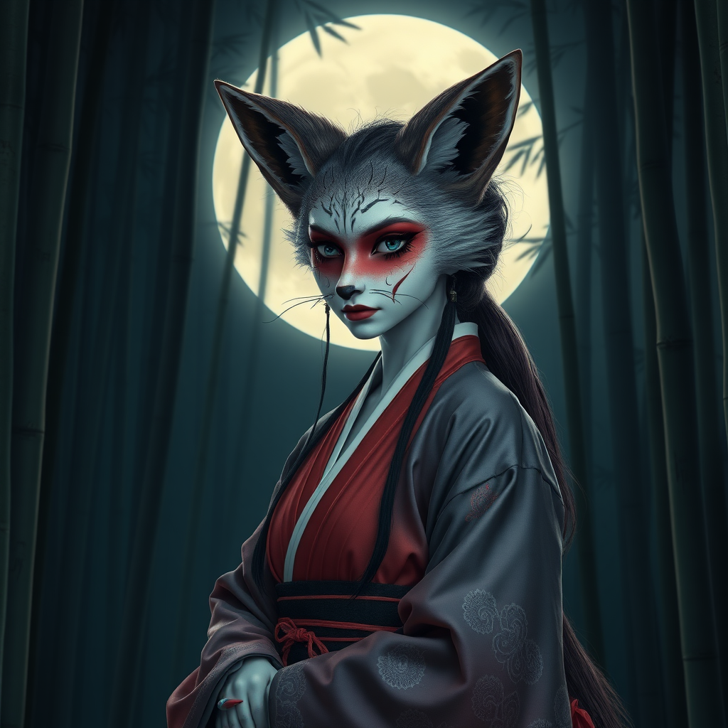 A Korean eerie-looking fox Woman in an ancient Hanbok in front the full moon in a bamboo forest