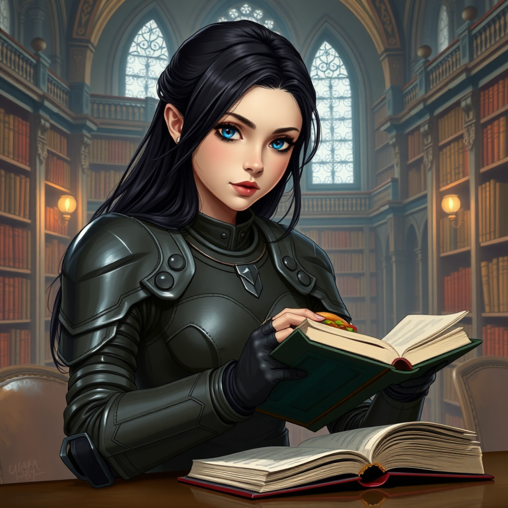 beautiful young woman, dark hair past her shoulders, blue eyes, small, slim figure, wearing full leather armor suit, sitting at table with sandwich, reading a book in a great library.