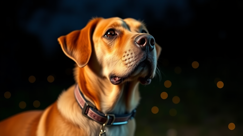 A dog wearing a collar named Rover at night with some fireflies around.