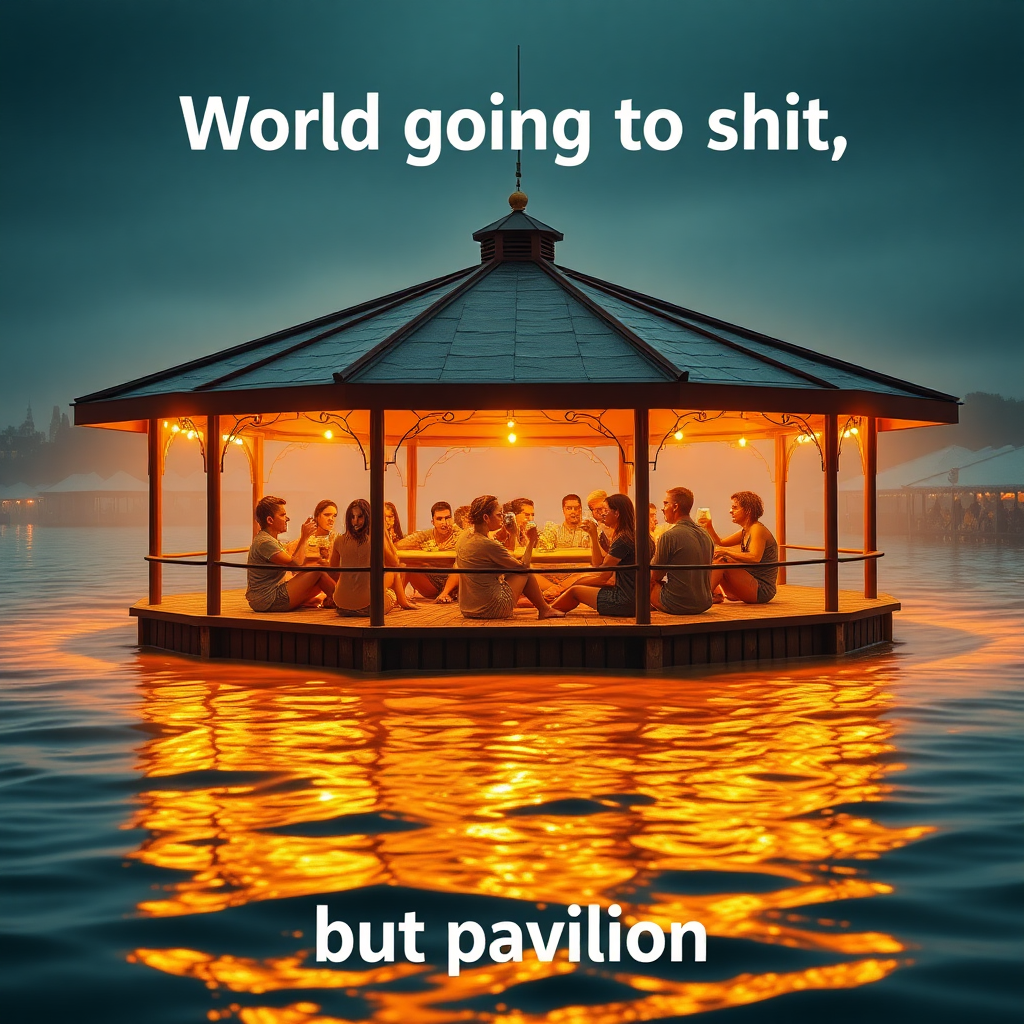 Create an image of a pavilion in a flooded environment and people comically partying on it drinking beer while the world is completely overflooded. Focus on the humoristic contrast of the situation. Include the text "World going to shit" at the top and the bottom part should have the text "but pavilion". Make the image the central part of the image with warm glowing colors. Make it so the people's expressions on their faces are visible.

The background scenery should be that of Aarhus Denmark. The people should mainly be metal heads.