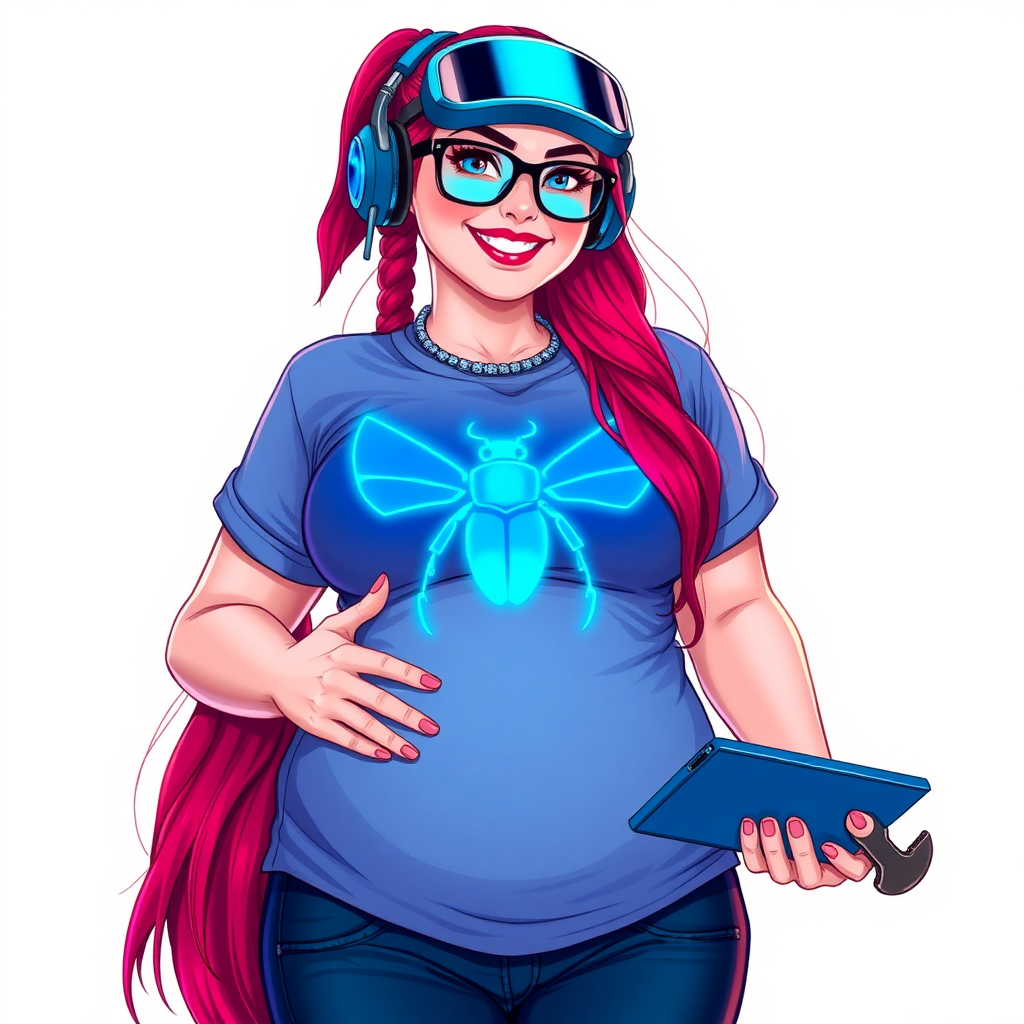 A cyberpunk vigilante’s full-figured intelligent and tech-savvy 29-year-old girlfriend, who is a computer hacker and tech genius. She has a long ruby red ponytail and bright blue eyes. She wears a sapphire beetle gemstone necklace, and an oversized Maximum Blue (RGB 71, 171, 204) t-shirt featuring a giant neon blue glowing chest icon of a winged beetle. She has a full-figured physique with a prominent, gargantuan, round midsection, reflecting her well-cared-for lifestyle. The midsection is heavily emphasized. She sports a sapphire headset with hi-tech Maximum Blue (RGB 71, 171, 204) lensed HUD visor, Maximum Blue (RGB 71, 171, 204) lipstick, black eyeglasses, and a beaming smile with a passionate bright red blush. Despite her figure and a lack of self-esteem, she radiates an air of beauty. She has an angular face which contributes to her radiant beauty. She serves as his tech expert from his hideout, holding a holographic tablet and a hi-tech tool wrench. The background is solid white. She is drawn as if she was in a retro 2D cyberpunk fighting game. Make sure her shirt covers her round midsection.