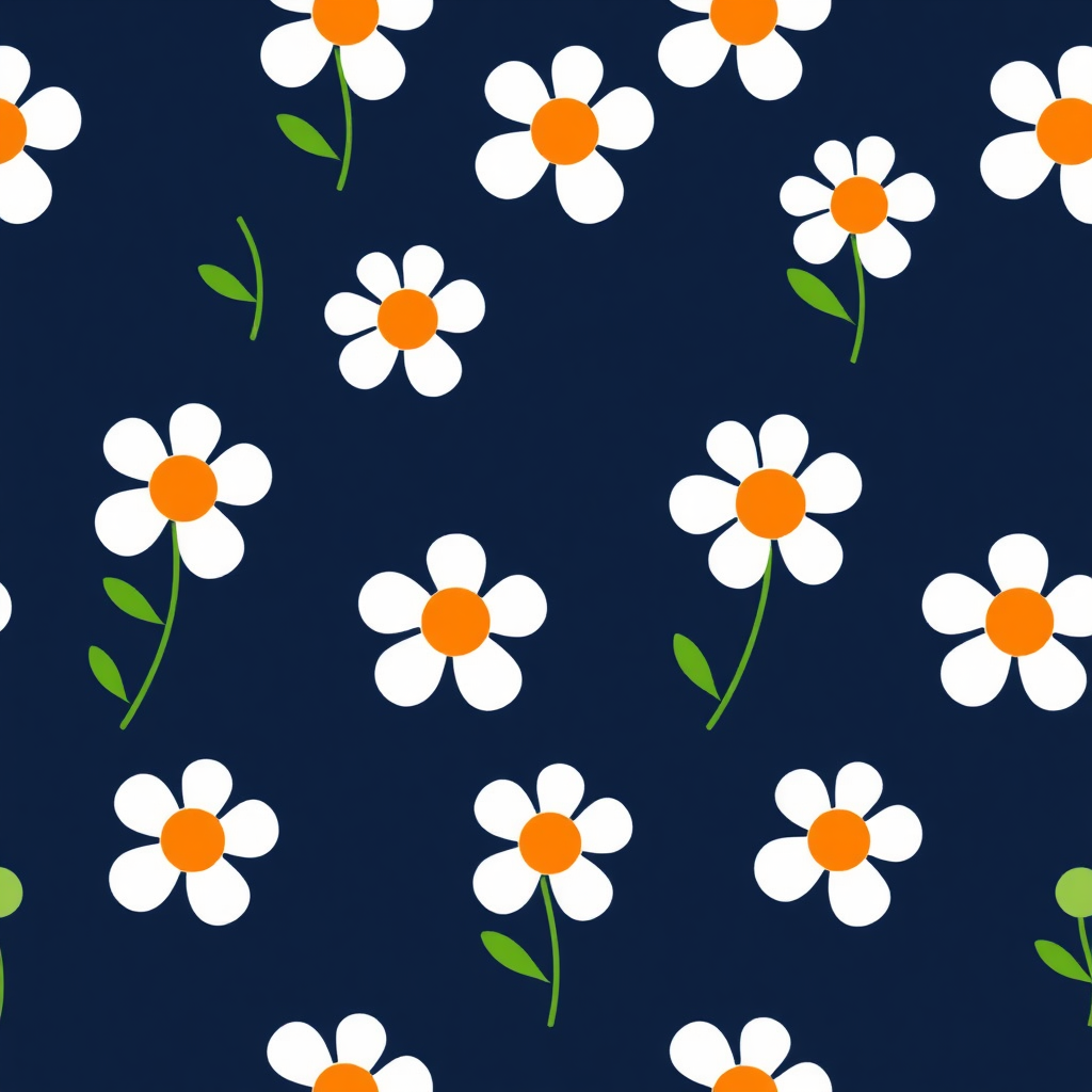 This is a digital illustration featuring a playful and repetitive pattern of stylized flowers against a dark navy blue background. The flowers are depicted in a simple, minimalist design with five white petals and a bright orange center. Each flower has a green stem and a curved, green leaf attached to the stem, giving the impression of a blooming flower. The flowers are evenly spaced and arranged diagonally across the image, creating a dynamic and visually engaging pattern.

The simplicity of the design, with its clean lines and bold colors, gives the illustration a modern and graphic feel. The white petals and orange centers stand out vividly against the dark blue background, creating a striking contrast that draws the eye. The green stems and leaves add a touch of natural greenery, balancing the overall design and giving it a fresh and lively appearance.

The image has a flat, two-dimensional quality, typical of digital illustrations, and lacks the depth and texture of traditional art forms. The pattern is seamless, allowing it to be easily repeated without any noticeable breaks or gaps. The overall style is reminiscent of mid-century modern design, characterized by its simplicity and bold use of color.