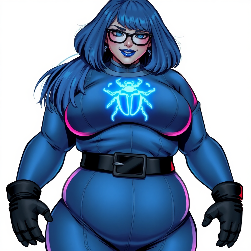 A 28-year-old, full-figured, middle gray metal skinned computer program-human hybrid with a maximum blue bob cut. She has an obvious non-athletic build. She is the digital sidekick, computer hacker, and nerdy girlfriend of her cyberpunk vigilante boyfriend. Her middle gray metallic skin, distinct from any other character, highlights her digital nature. She wears maximum blue lipstick and has bright blue eyes. Her outfit includes an oversized, loose fitting, digital, computerized, maximum blue full bodysuit (accentuating her non-athletic figure) with a neon blue glowing chest icon of a beetle on its chest, black belt with a sapphire scarab beetle buckle, and black gloves. Black eyeglasses accentuate her nerdiness, and she has a lovestruck smile with neon red blush. Her non-athletic full figure consists of a prominent, gargantuan, round midsection (with the full emphasis on her round gargantuan belly), gigantic limbs, and broad shoulders, reflects the doting care of her vigilante boyfriend. She has a bashful pose with her hands behind her back on a solid white background. She is drawn as if she was in a retro 2D cyberpunk fighting game. Ensure her oversized loose fitting full bodysuit covers all her bare skin (especially her prominent round gargantuan belly). Her oversized loose fitting full bodysuit is influenced by Watchmen's Silk Spectre II. She is clearly non-athletic, with emphasis on her full-figured and pudgy physique.