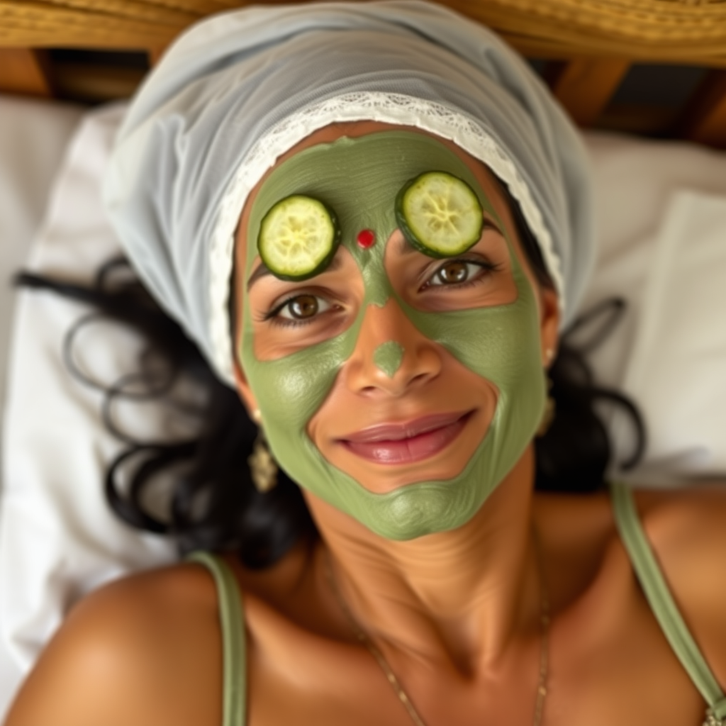 A skinny, traditional, 30-year-old Indian wife with hair covering, wearing a bra, lying on a bed. Her face is covered with a green face mask, and her eyes are covered with cucumber slices. She looks satisfied from her facial expression.